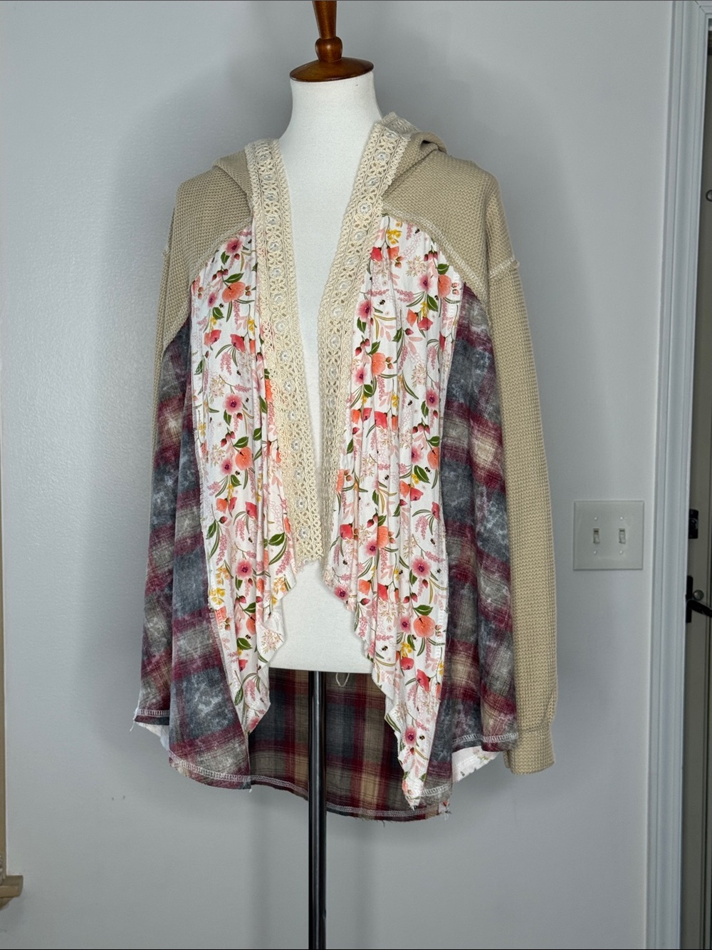POL Floral Panel Hooded Cardigan Jacket in Beige, Pink, Burgundy